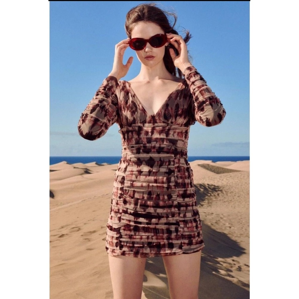 Zara‎ Women's Mesh Ruched Bodycon Long Sleeve Mini Dress V Neck Size L